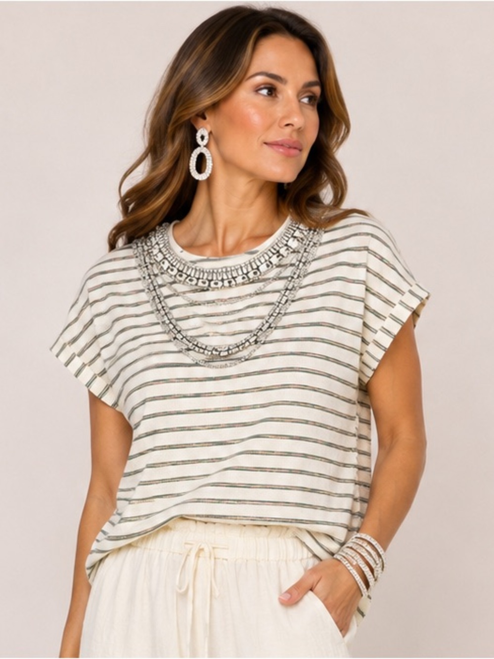 Cream, Green Pink  Ribbed Stripe Top with Rhinestone Embellished Neckline